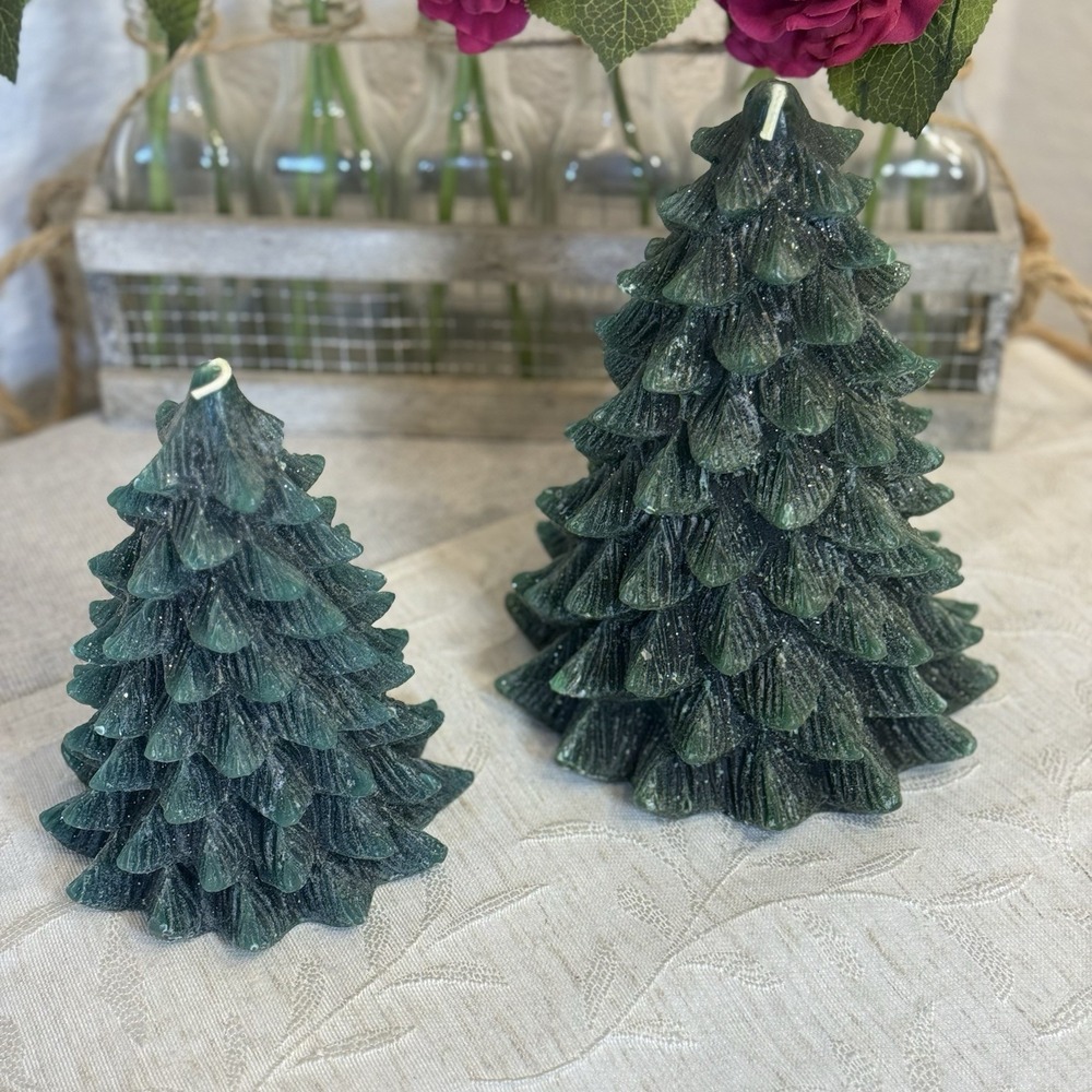 Set‎ of 2 Green Christmas / Holiday Tree Candles. Approx 8" and 6" Tall